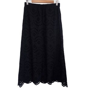 Joie Black Eyelet Cotton Midi Skirt Scalloped Hem Size Medium Elastic Waist